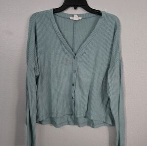 Aqua Light Green Waffle Knit Button Down Shirt Top Women